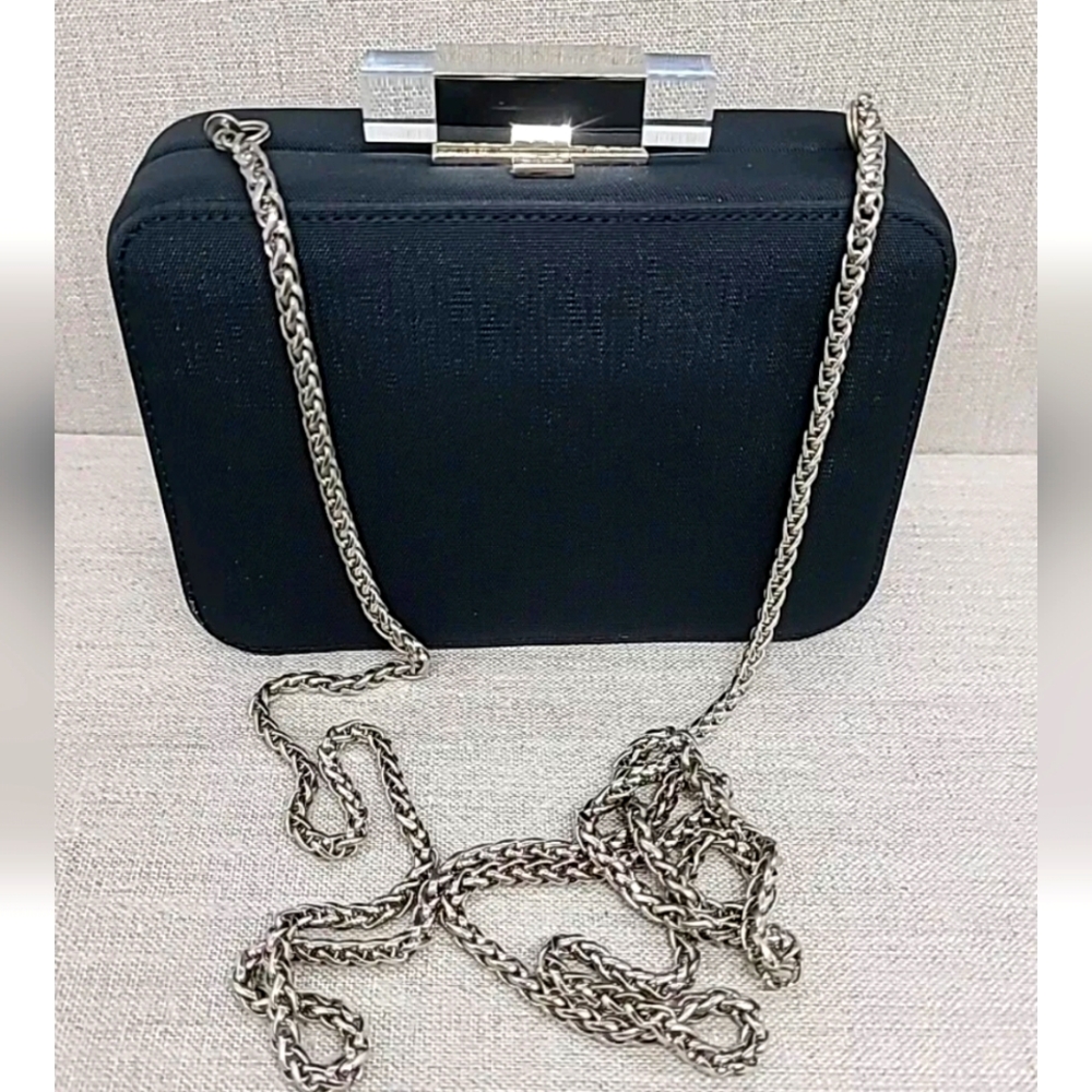 Rodo Vintage Satin Black Evening Bag/Clutch Silver Tone Chain & Clasp Italy